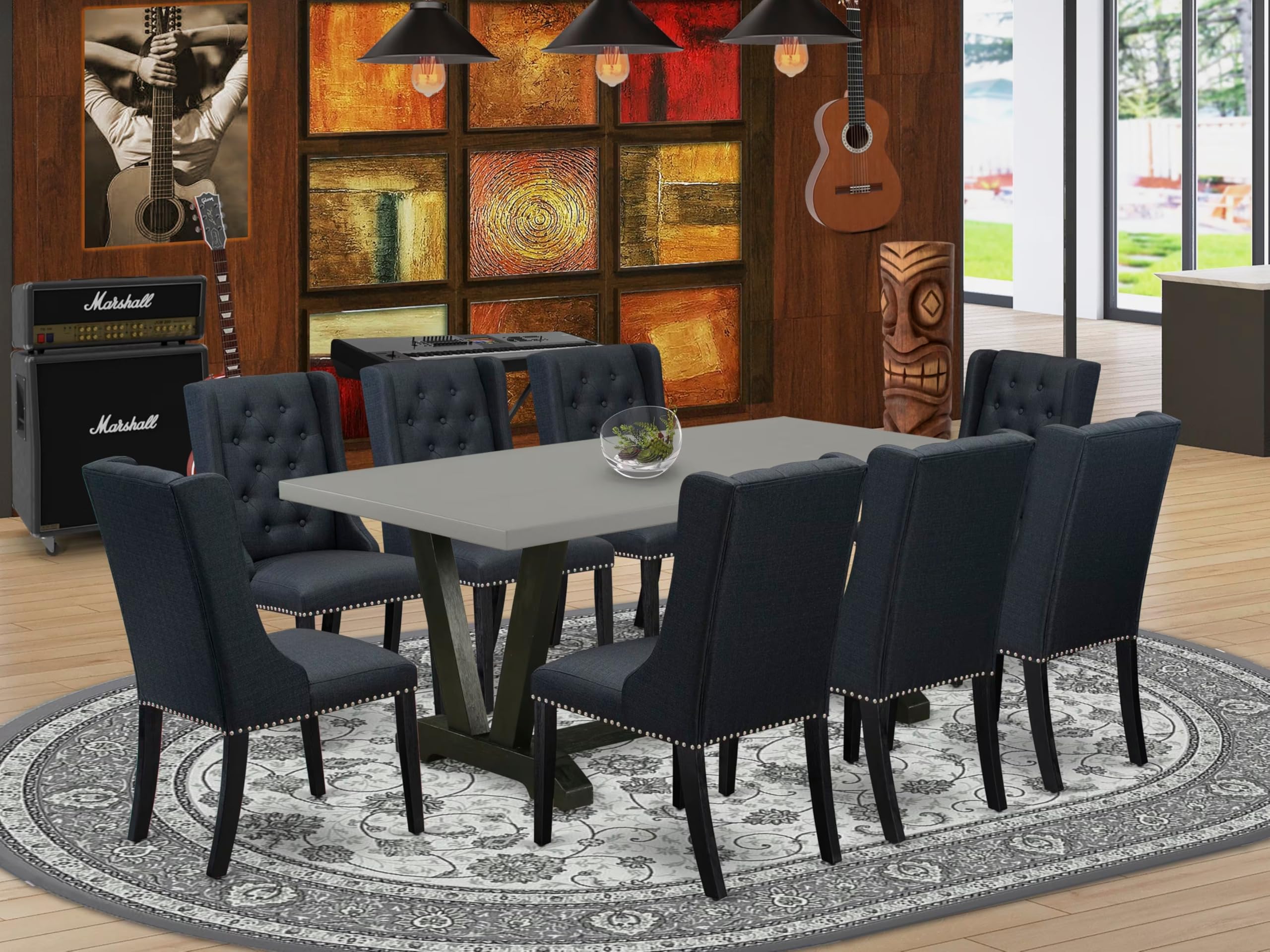 East West Furniture V697FO624-9 9 Piece Dining Room Table Set Includes a Rectangle Dining Table with V-Legs and 8 Black Linen Fabric Upholstered Parson Chairs, 40x72 Inch, Multi-Color